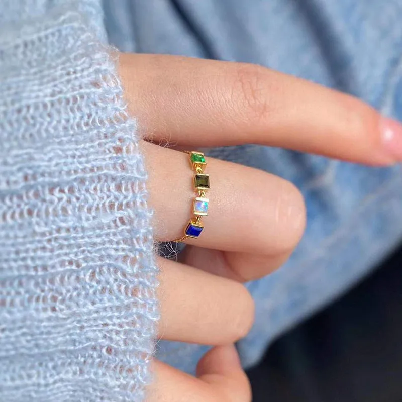 18K Gold Natural Opal & Lapis Lazuli & Verdelite & Emerald Adjustable Ring