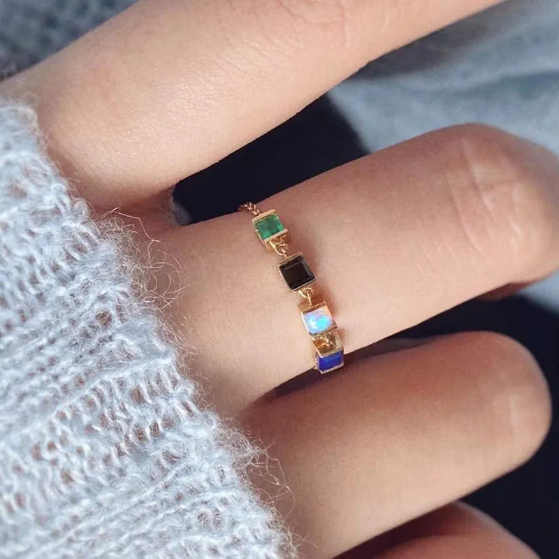 18K Gold Natural Opal & Lapis Lazuli & Verdelite & Emerald Adjustable Ring