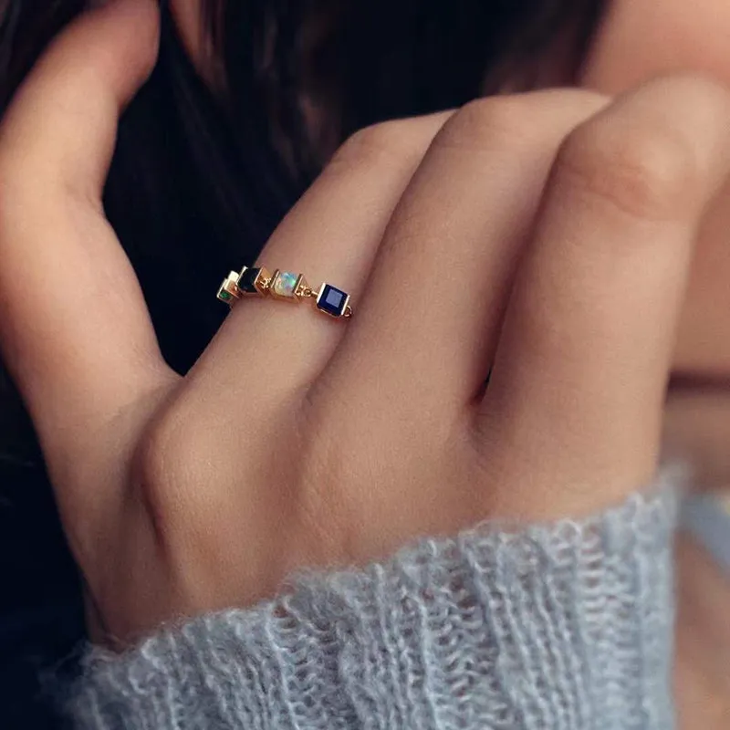 18K Gold Natural Opal & Lapis Lazuli & Verdelite & Emerald Adjustable Ring