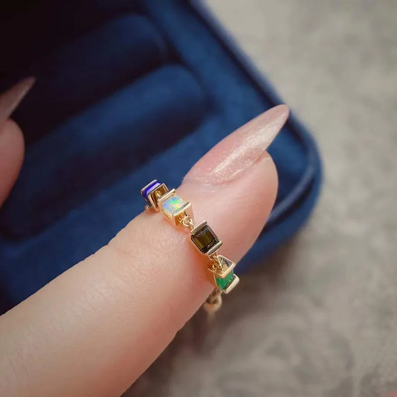 18K Gold Natural Opal & Lapis Lazuli & Verdelite & Emerald Adjustable Ring