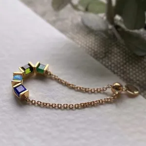 18K Gold Natural Opal & Lapis Lazuli & Verdelite & Emerald Adjustable Ring