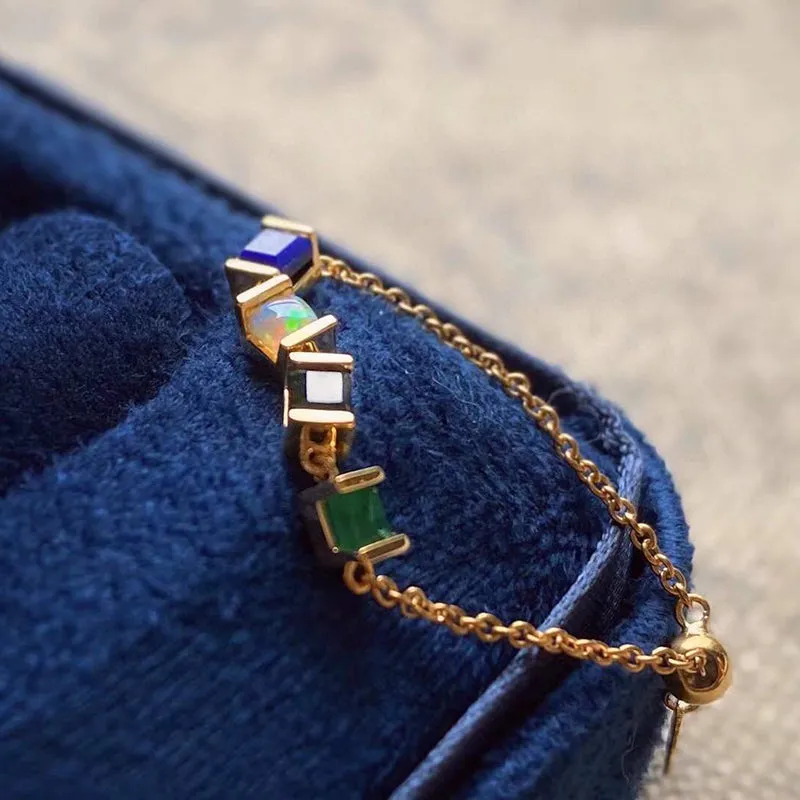 18K Gold Natural Opal & Lapis Lazuli & Verdelite & Emerald Adjustable Ring
