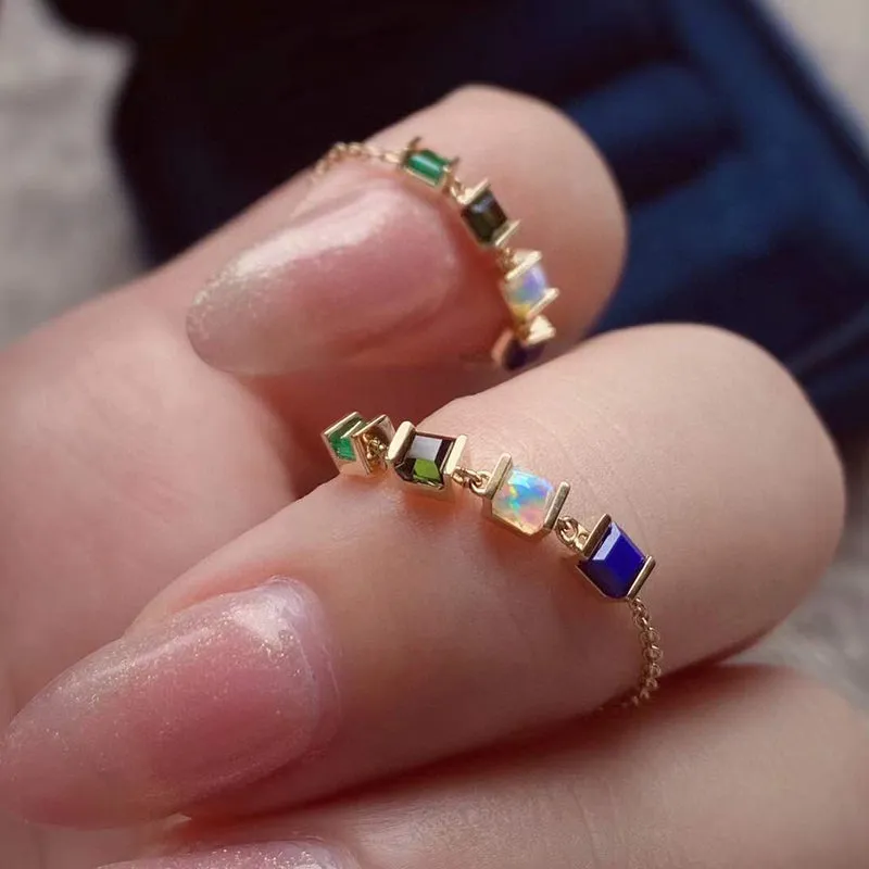 18K Gold Natural Opal & Lapis Lazuli & Verdelite & Emerald Adjustable Ring