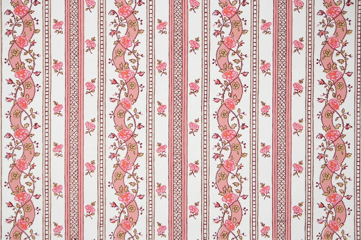 1970s Floral Stripe Hand-Print Vintage Wallpaper