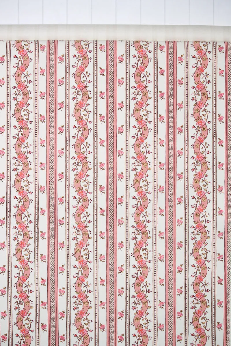 1970s Floral Stripe Hand-Print Vintage Wallpaper