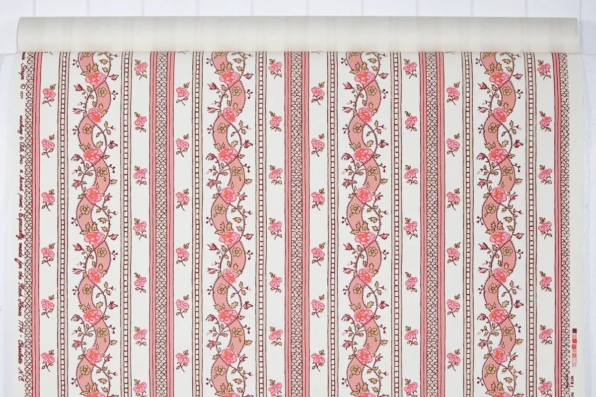 1970s Floral Stripe Hand-Print Vintage Wallpaper