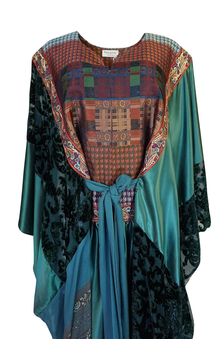 1975 Thea Porter Exhibited Green Multi Textile Abaya Caftan Dress