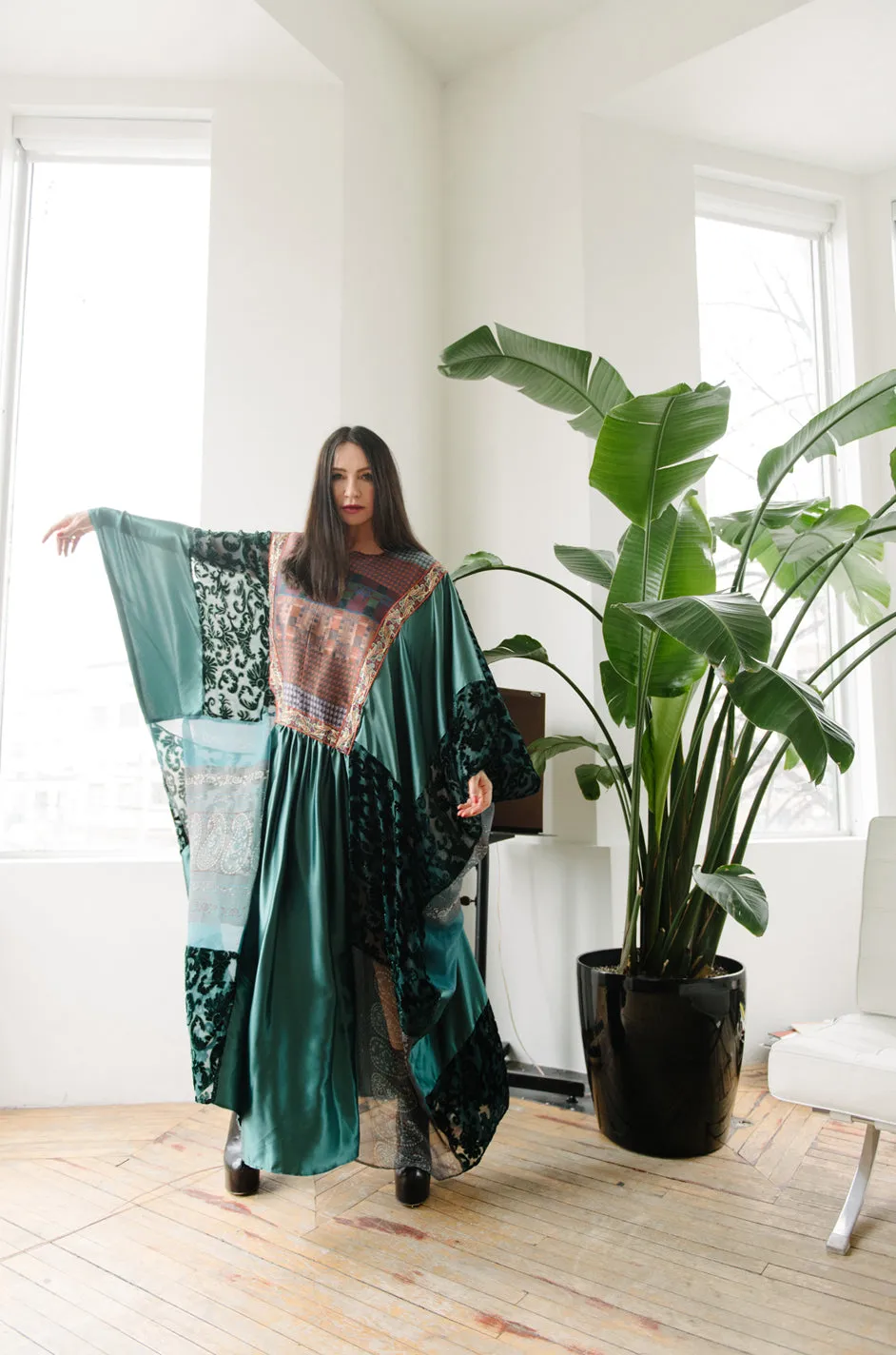 1975 Thea Porter Exhibited Green Multi Textile Abaya Caftan Dress