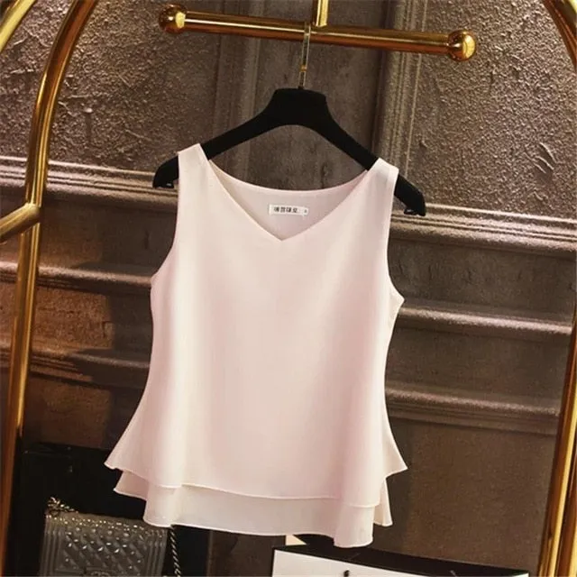 2019 Women's blouse Summer sleeveless Chiffon shirt Solid  V-neck
