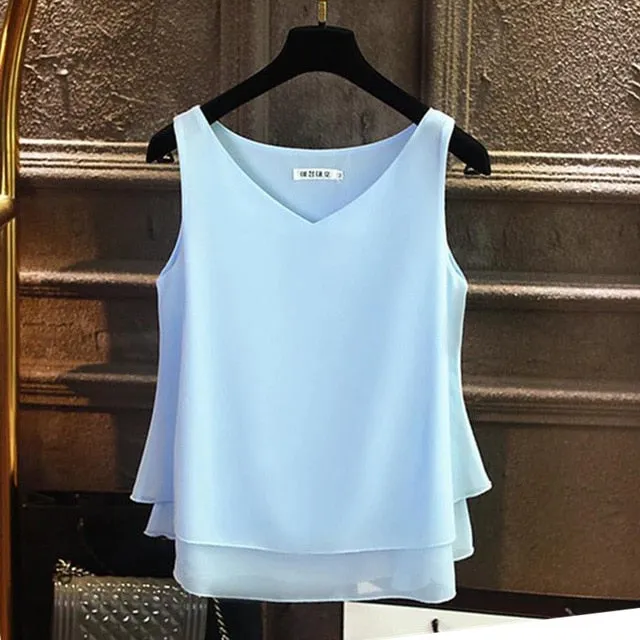 2019 Women's blouse Summer sleeveless Chiffon shirt Solid  V-neck
