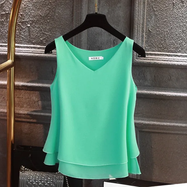 2019 Women's blouse Summer sleeveless Chiffon shirt Solid  V-neck