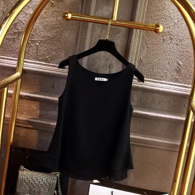 2019 Women's blouse Summer sleeveless Chiffon shirt Solid  V-neck