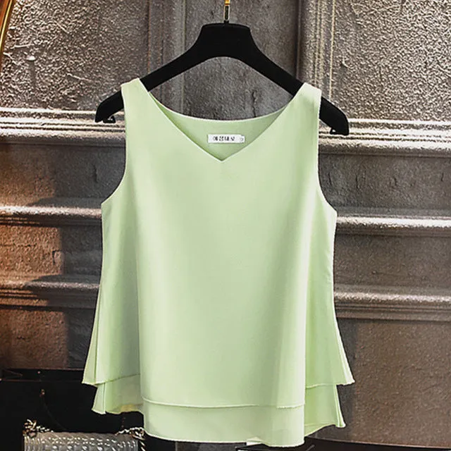 2019 Women's blouse Summer sleeveless Chiffon shirt Solid  V-neck