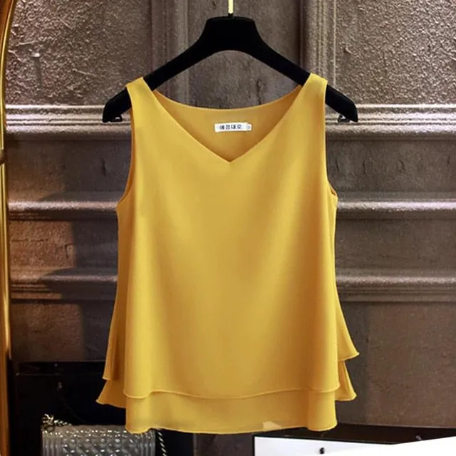 2019 Women's blouse Summer sleeveless Chiffon shirt Solid  V-neck