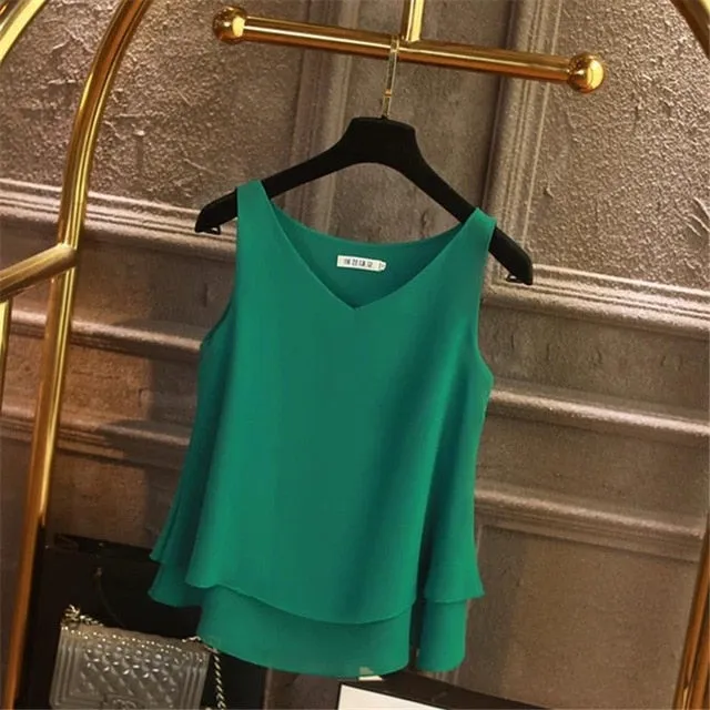 2019 Women's blouse Summer sleeveless Chiffon shirt Solid  V-neck