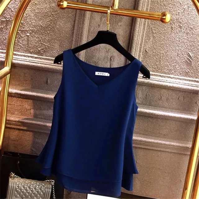 2019 Women's blouse Summer sleeveless Chiffon shirt Solid  V-neck