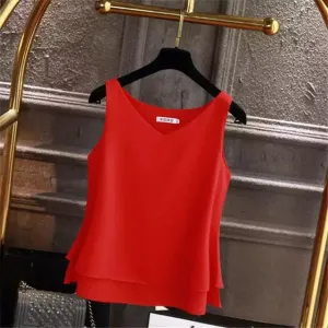 2019 Women's blouse Summer sleeveless Chiffon shirt Solid  V-neck