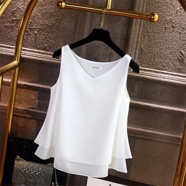 2019 Women's blouse Summer sleeveless Chiffon shirt Solid  V-neck