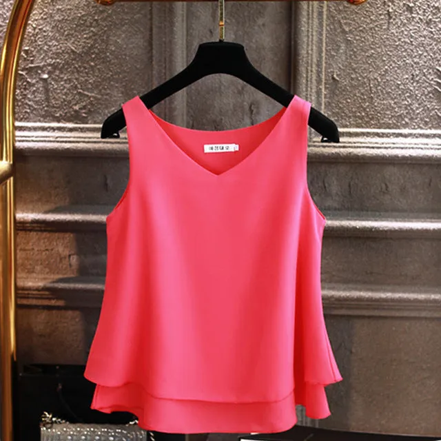 2019 Women's blouse Summer sleeveless Chiffon shirt Solid  V-neck