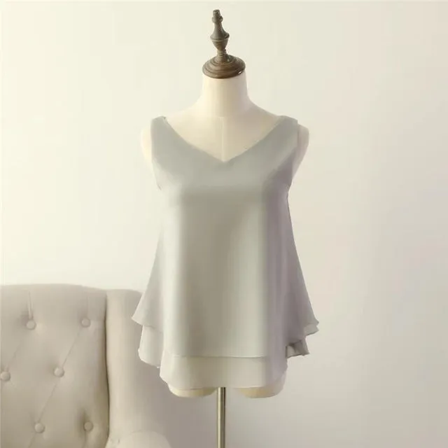 2019 Women's blouse Summer sleeveless Chiffon shirt Solid  V-neck