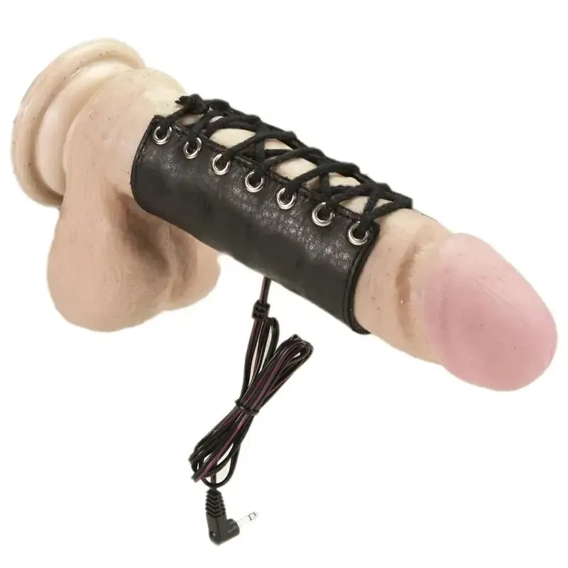 3.9 Inch Rimba Electro Stimulation Black Leather Cock Sleeve