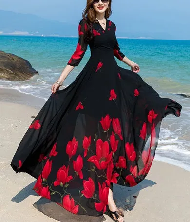 A Chiffon Flower Print Long Dress