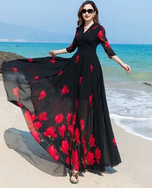 A Chiffon Flower Print Long Dress