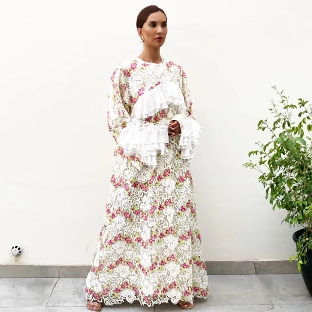AW19 STUNNING ITALIAN LACE  ABAYA WITH RUFFLES