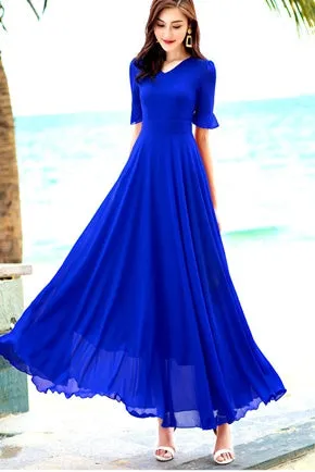 B Chiffon V Neck Slim Ruffles Long Dress