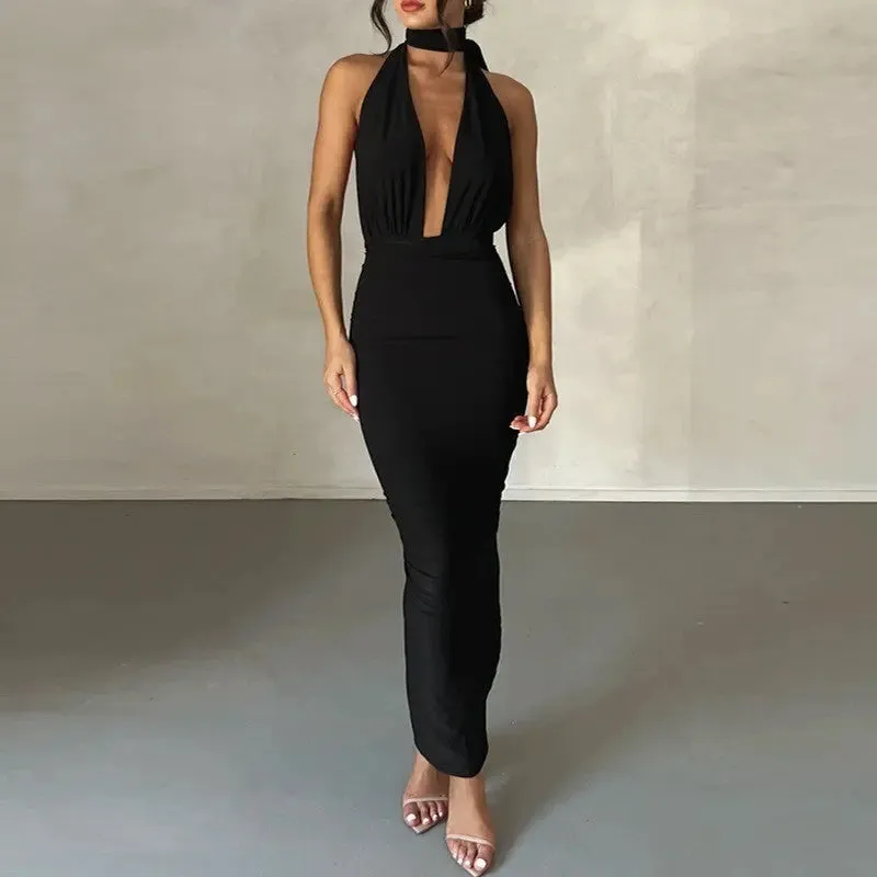 Backless Deep V Womens Dress - Sexy Fashion Evening Wear