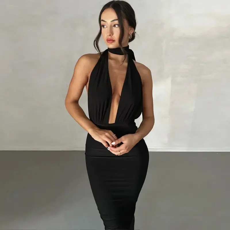 Backless Deep V Womens Dress - Sexy Fashion Evening Wear