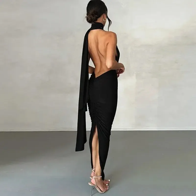 Backless Deep V Womens Dress - Sexy Fashion Evening Wear