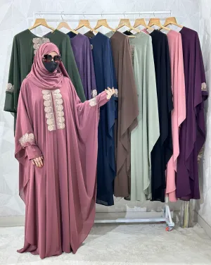 Beautiful Floral Rose Embroidery Pink Abaya Kaftan Burqa - Indonesian Diamond Chiffon, Floral & Dubai Style