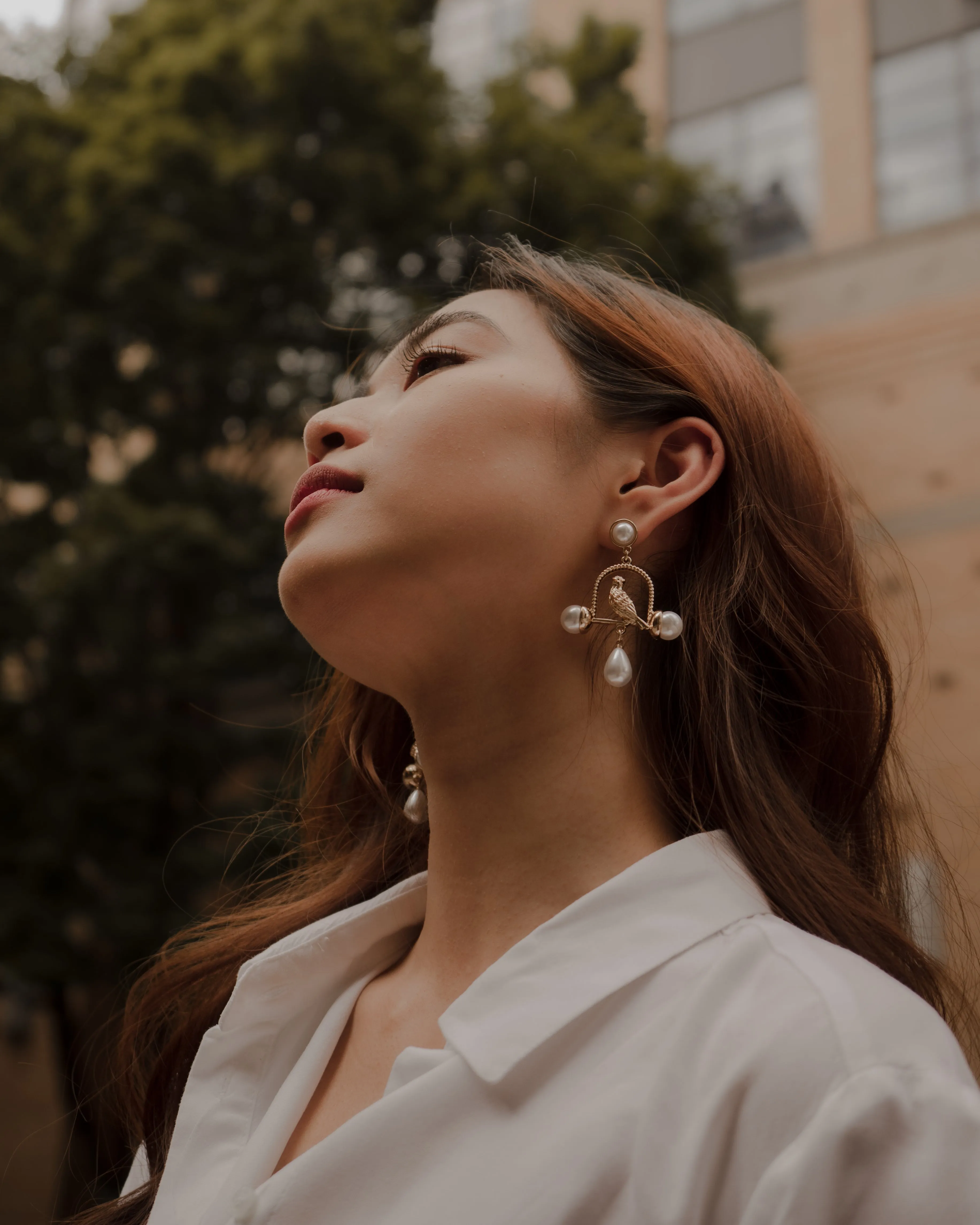 Bird House Gold Drop Earrings with Pearls