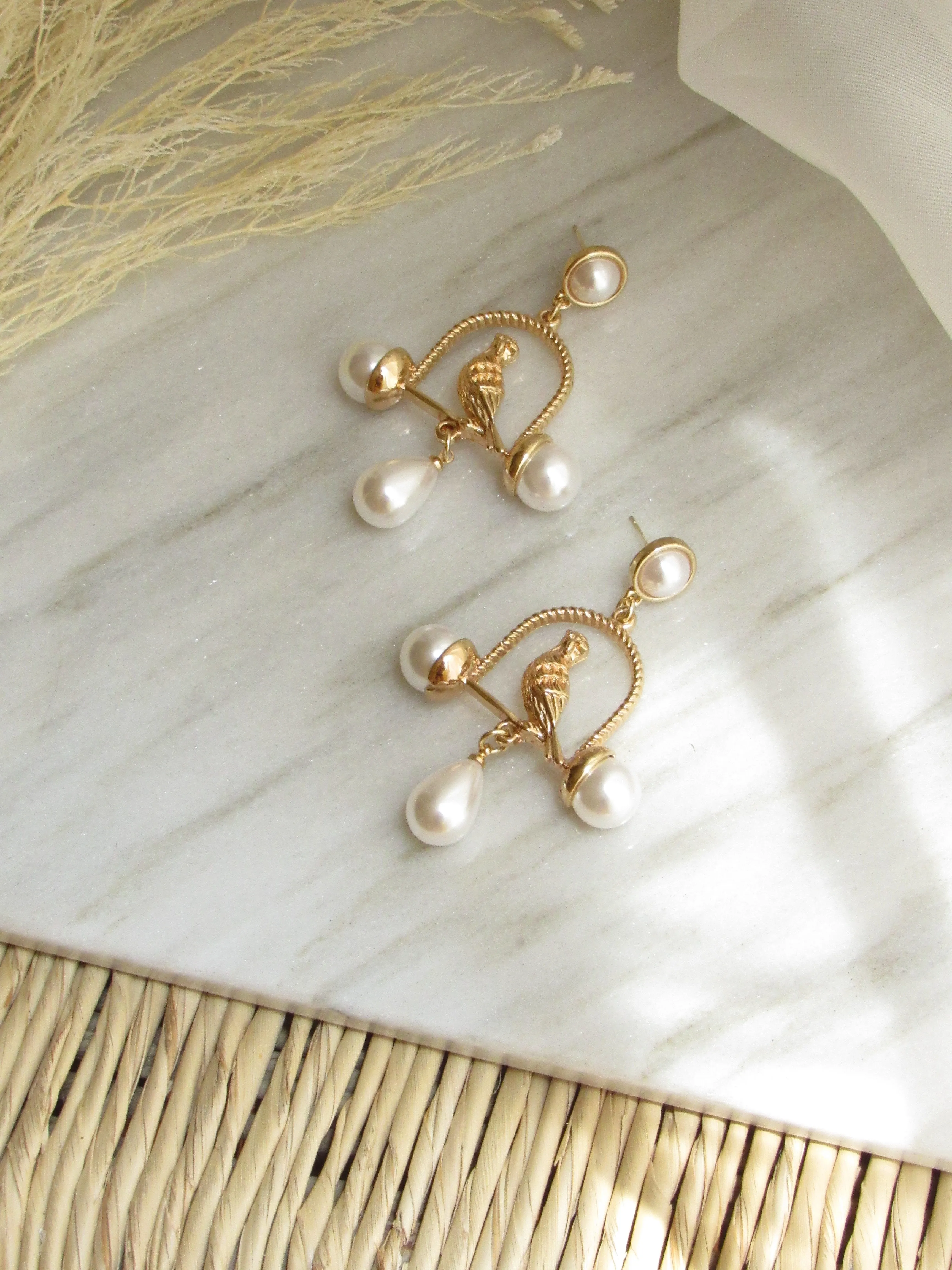 Bird House Gold Drop Earrings with Pearls