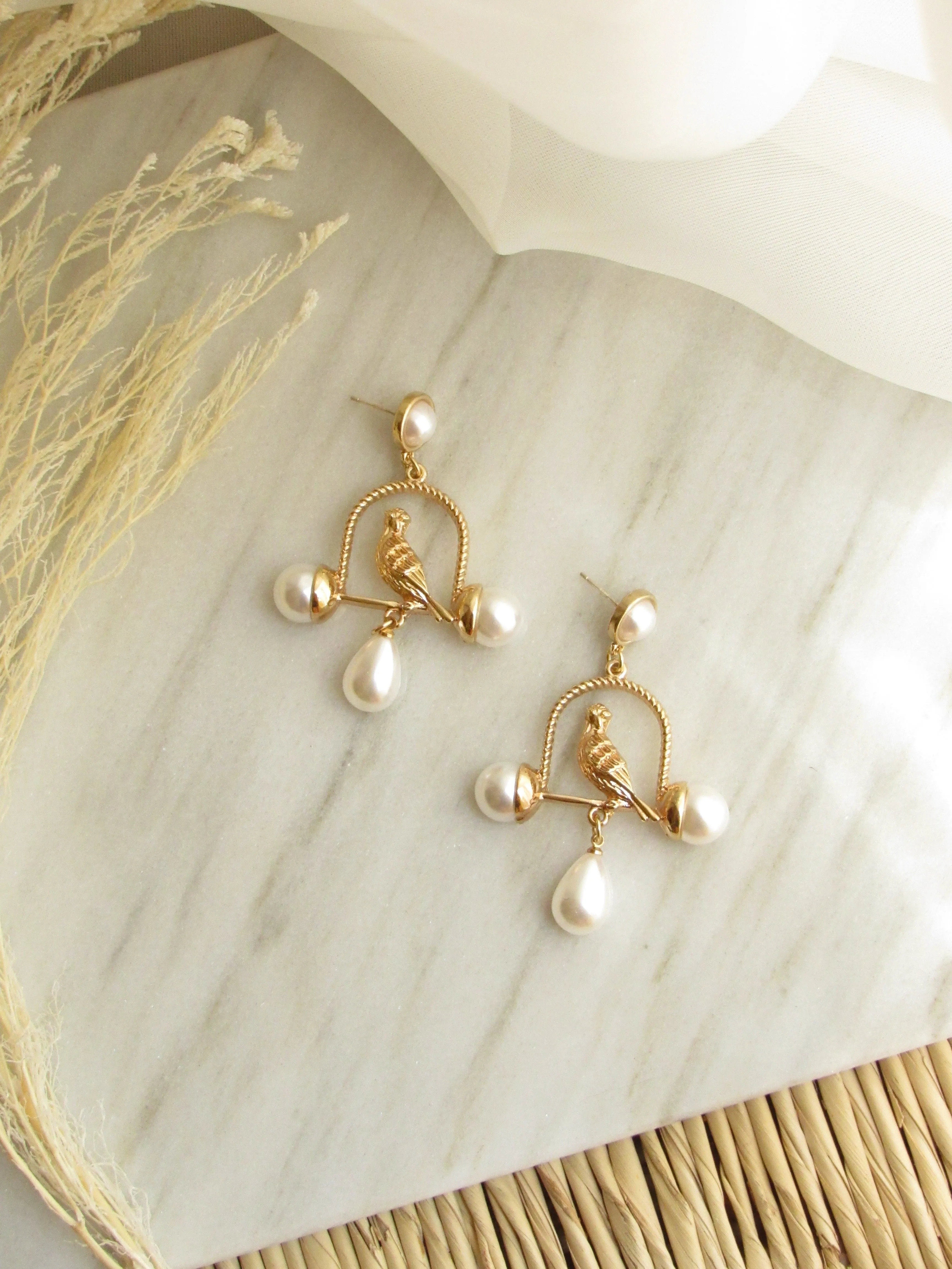 Bird House Gold Drop Earrings with Pearls