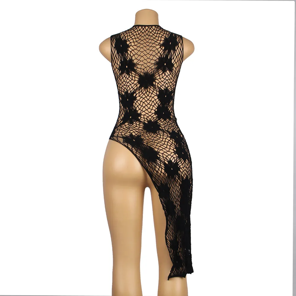 Black Floral Split Dress Design Fishnet Bodystocking