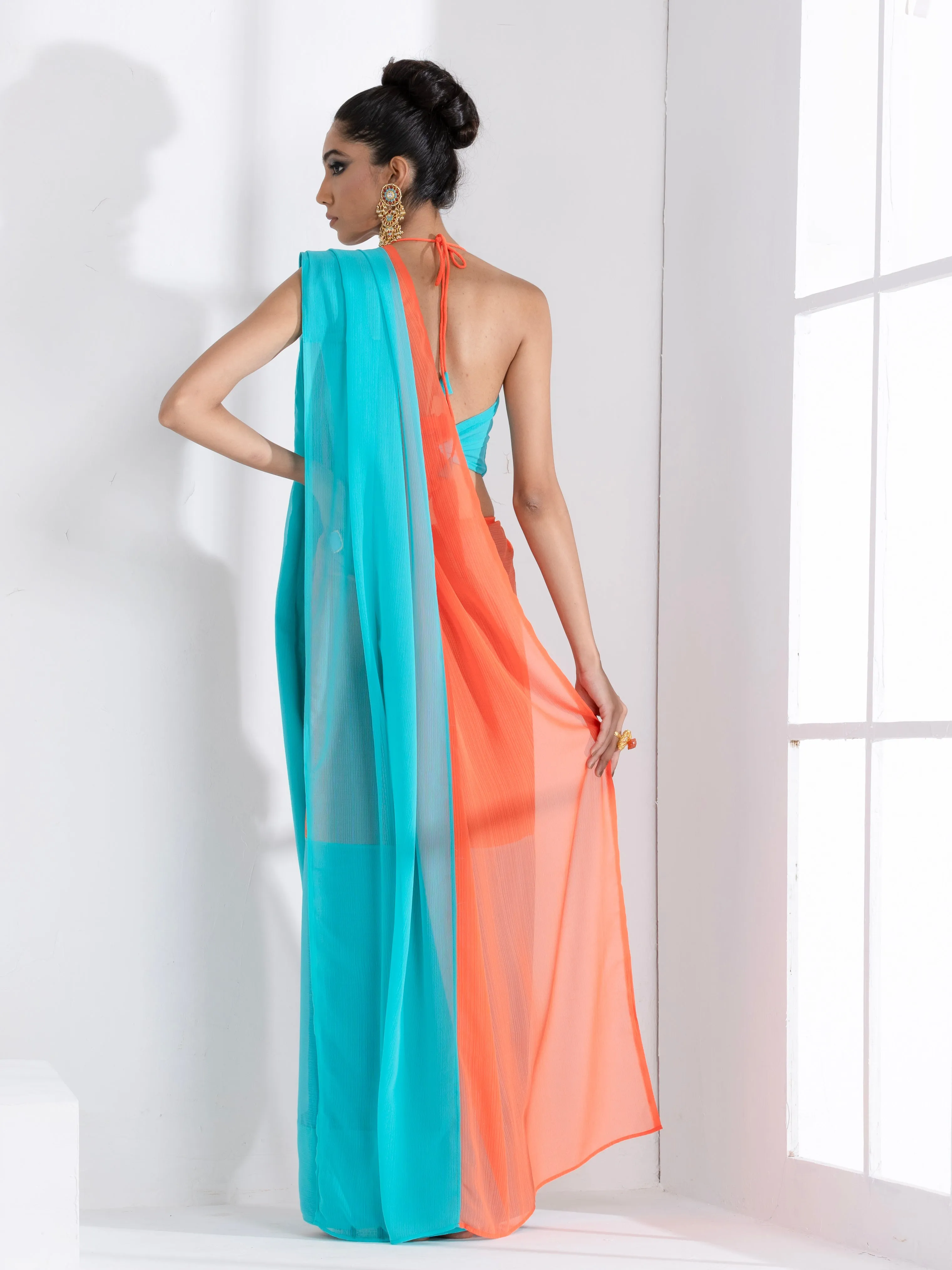 Blaze Orange and Aqua Fusion Textured Chiffon Saree with Self-Blouse Fabric