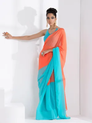 Blaze Orange and Aqua Fusion Textured Chiffon Saree with Self-Blouse Fabric