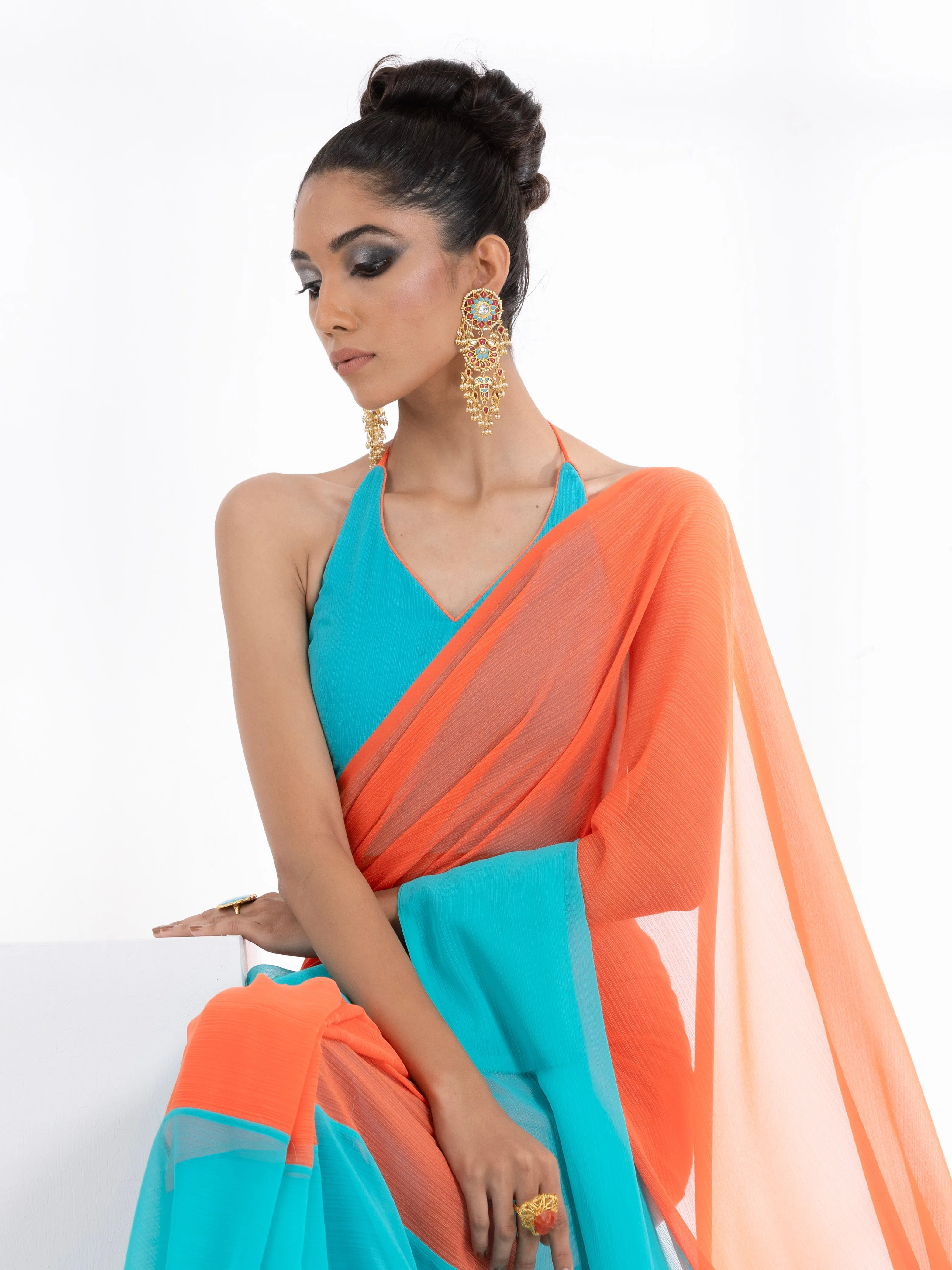 Blaze Orange and Aqua Fusion Textured Chiffon Saree with Self-Blouse Fabric