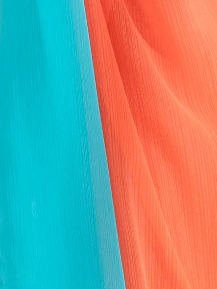 Blaze Orange and Aqua Fusion Textured Chiffon Saree with Self-Blouse Fabric