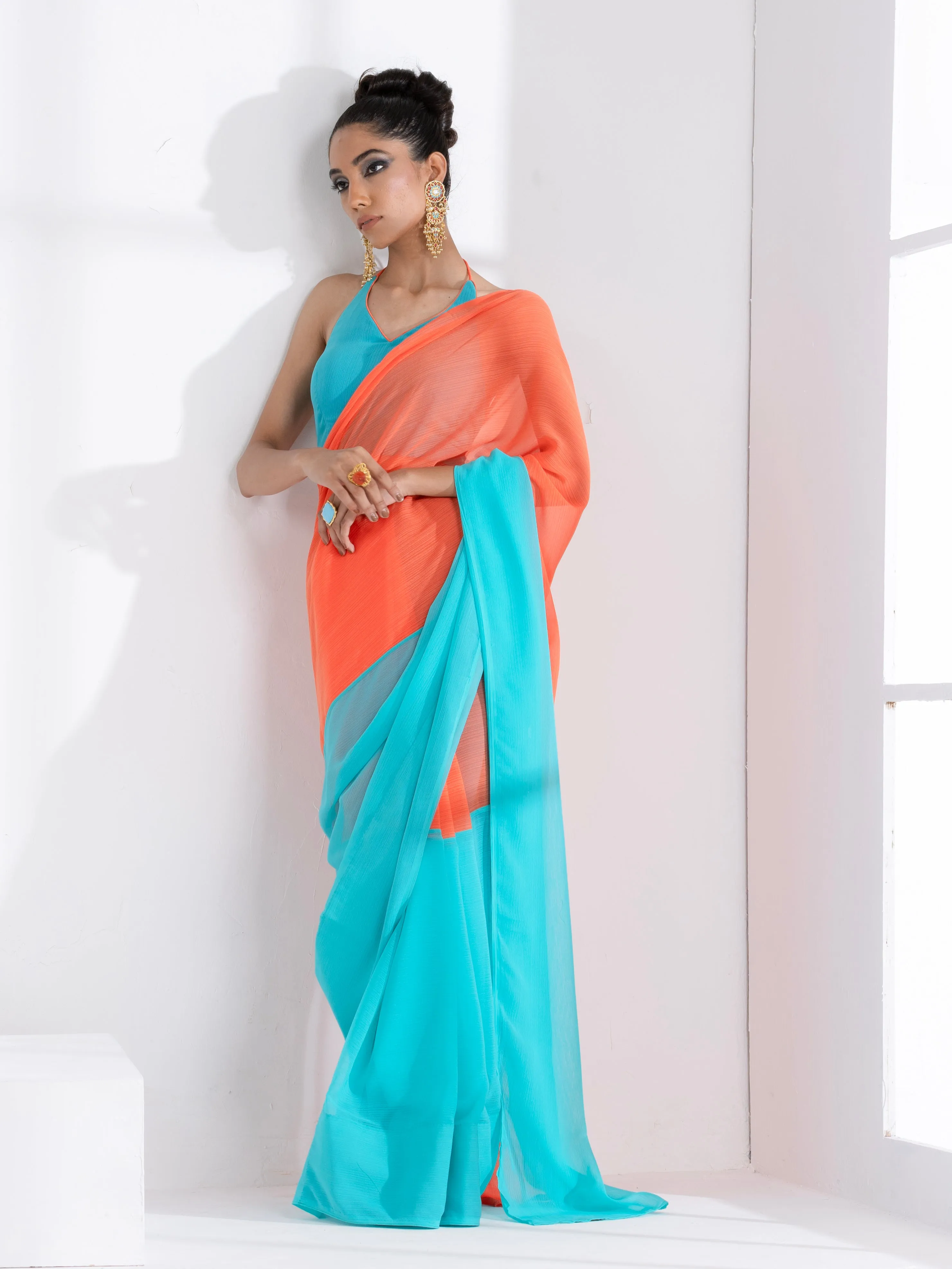 Blaze Orange and Aqua Fusion Textured Chiffon Saree with Self-Blouse Fabric