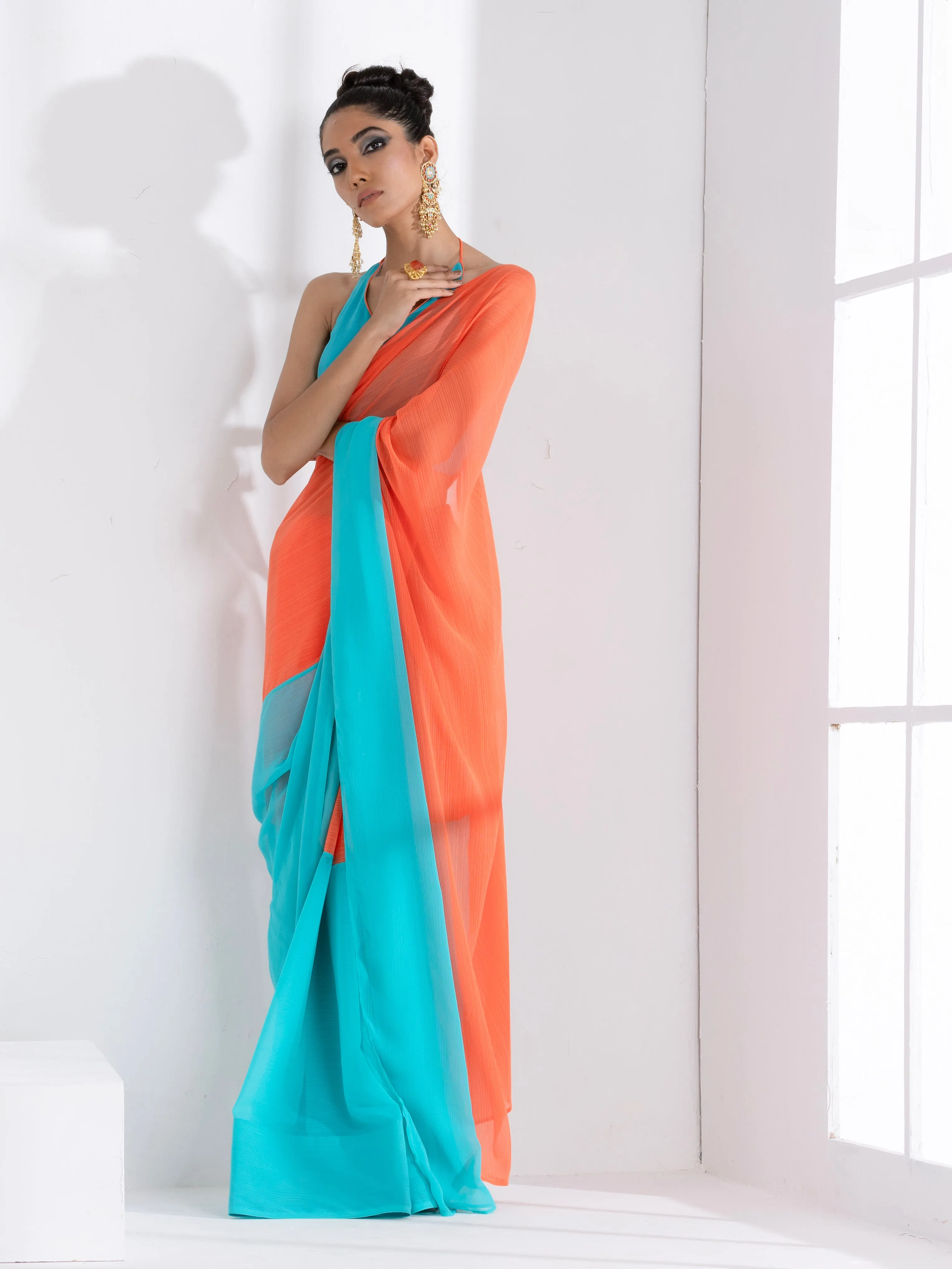 Blaze Orange and Aqua Fusion Textured Chiffon Saree with Self-Blouse Fabric