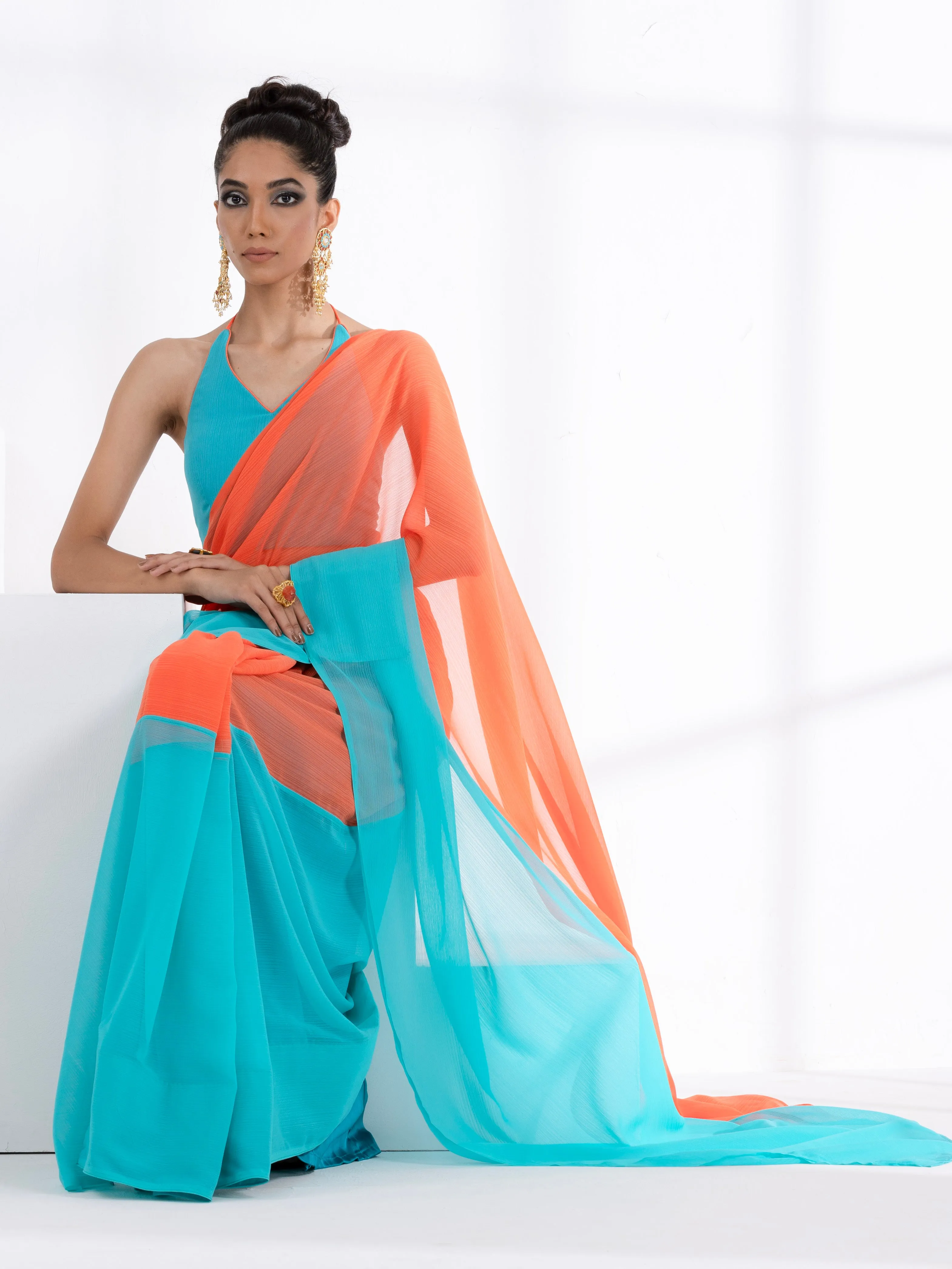 Blaze Orange and Aqua Fusion Textured Chiffon Saree with Self-Blouse Fabric