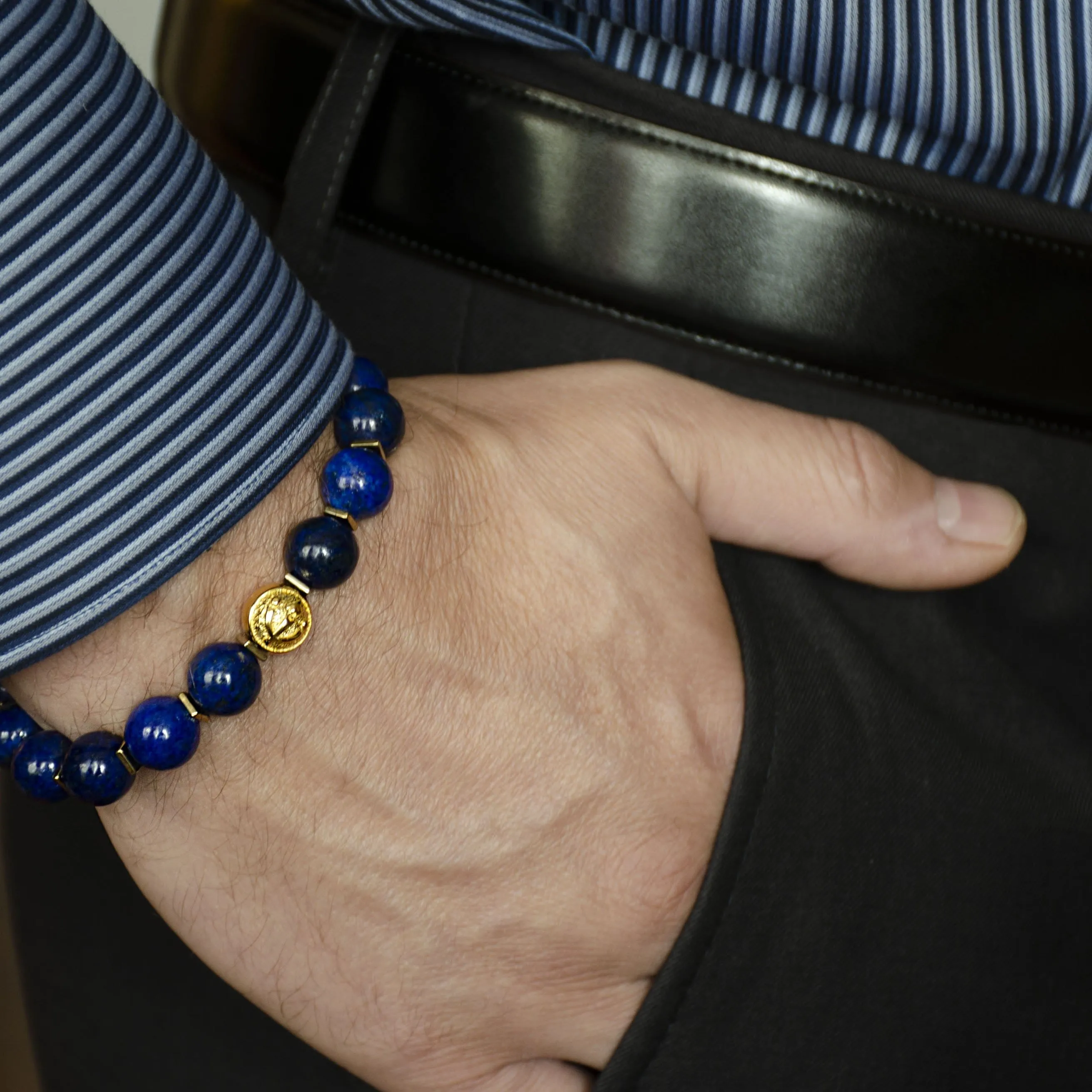 Blue Gold - Premium Blue Lapis Lazuli Stone Bead Bracelet in Gold | 10MM