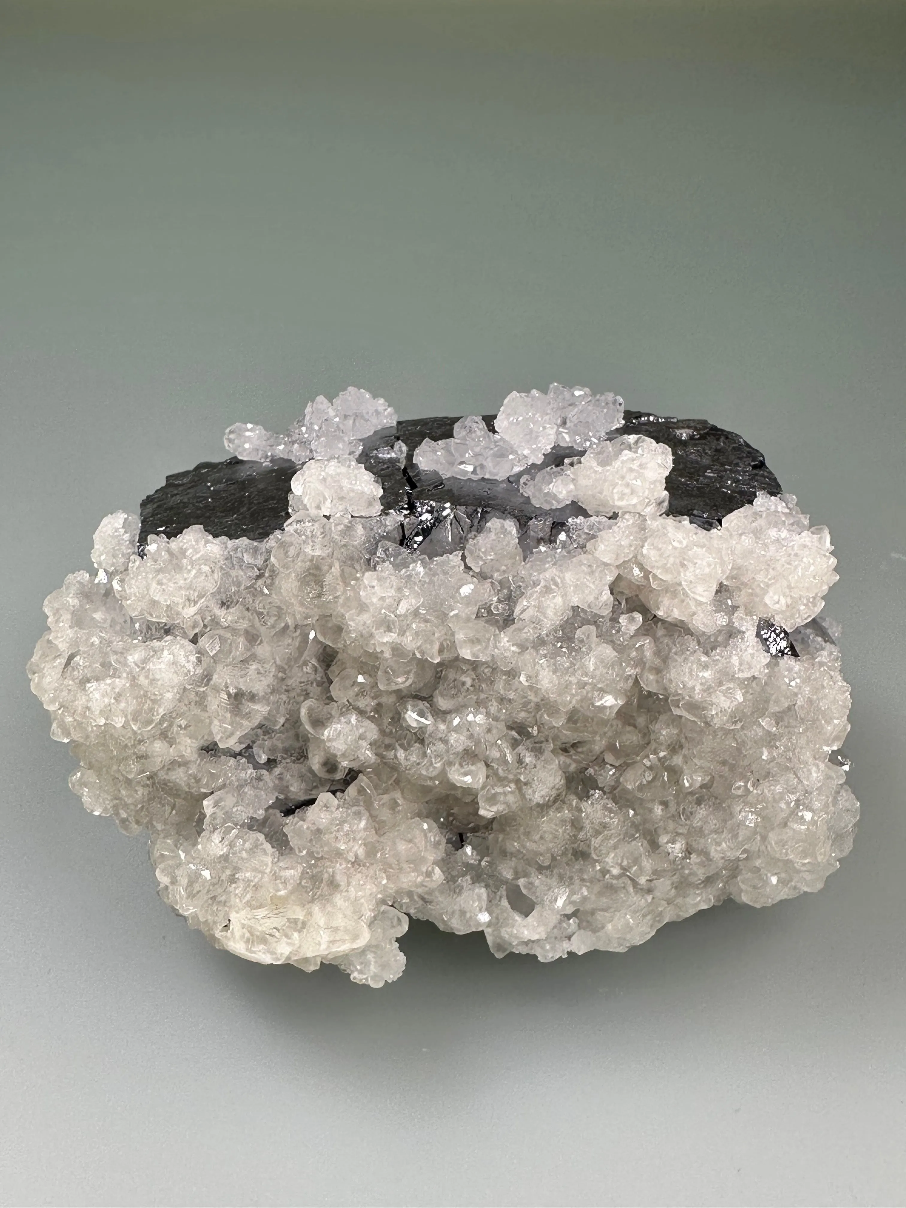 Calcite and Quartz on Galena, Sub-Rosiclare Level, W. L. Davis/Deardorff Mine, Ozark-Mahoning Company, Cave-in-Rock District, Southern Illinois, Mined c. 1960's, ex. Roy Smith Collection, Miniature, 4.0 x 4.2 x 7.5 cm, $200. Online Dec. 12.