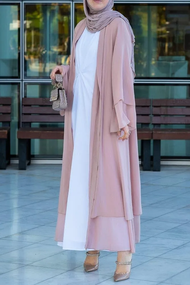 Canddy layered chiffon abaya in blush pink with  belt