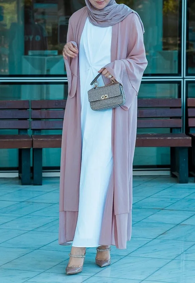 Canddy layered chiffon abaya in blush pink with  belt