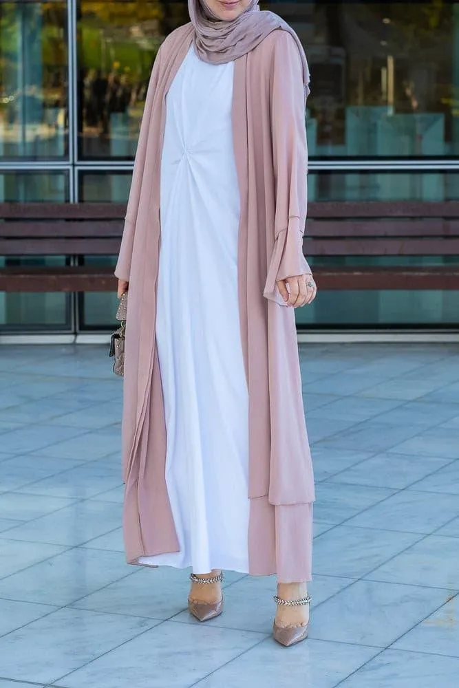 Canddy layered chiffon abaya in blush pink with  belt