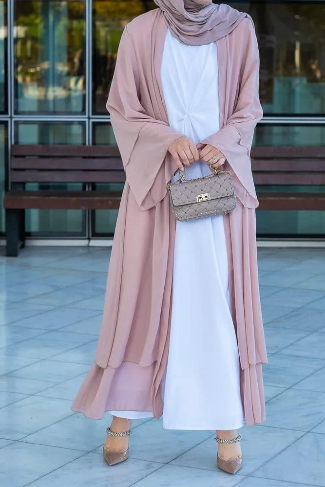 Canddy layered chiffon abaya in blush pink with  belt